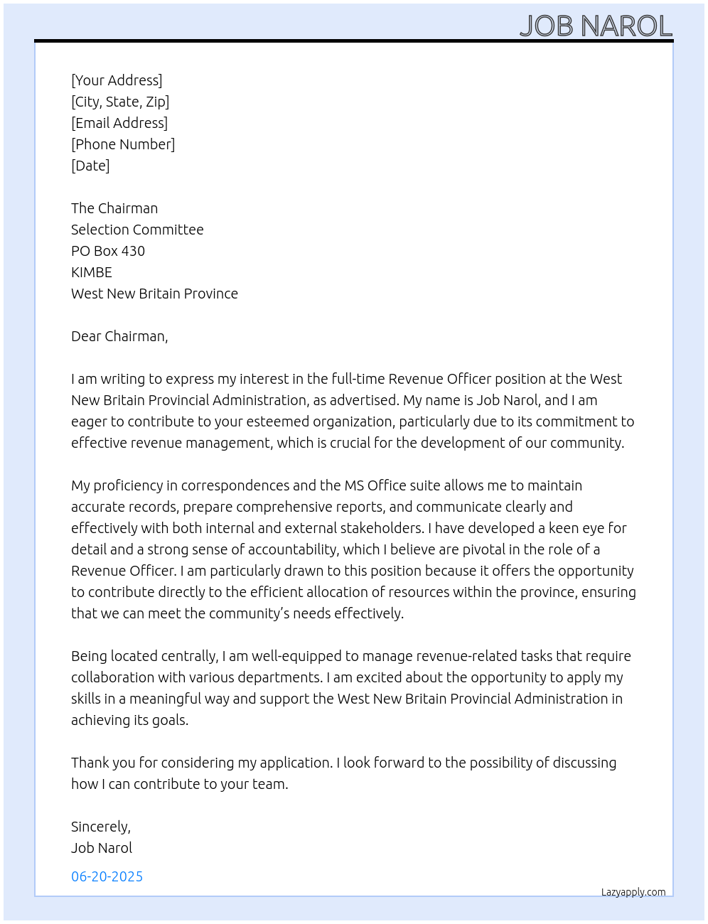 Cover letter for revenue officer - LazyApply