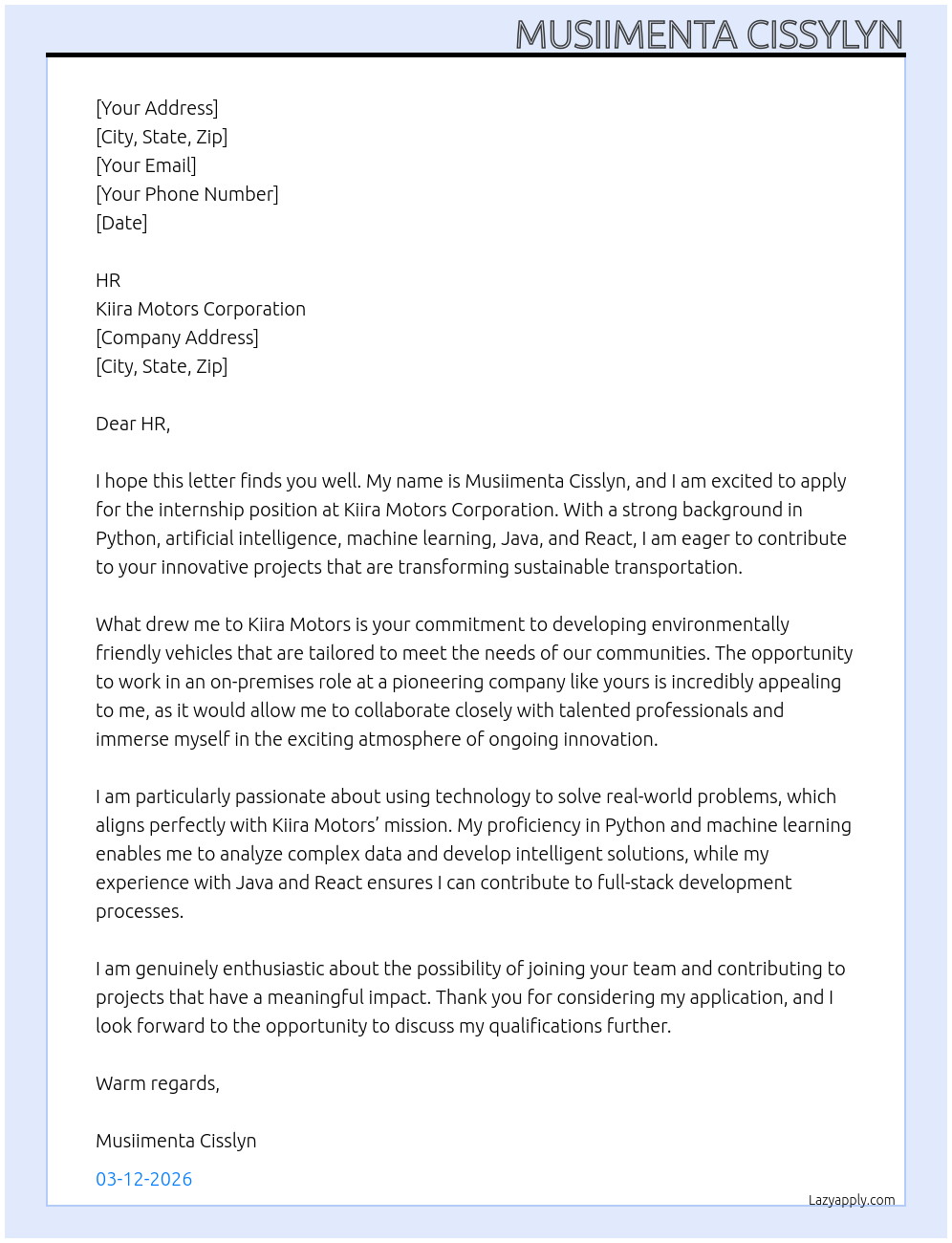 Cover letter for internship - LazyApply