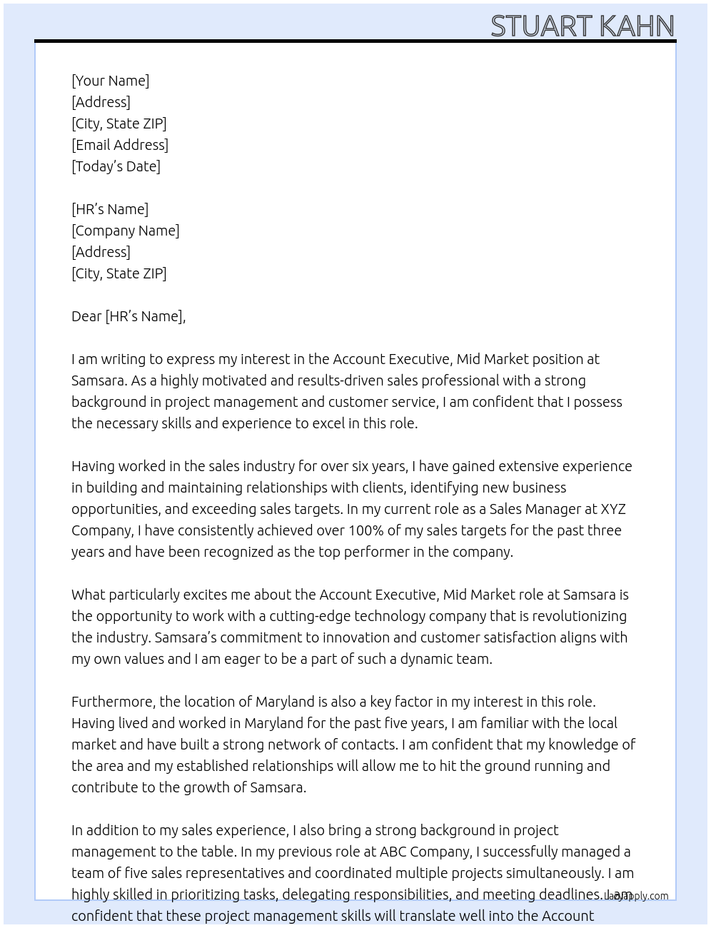 Account Executive, Mid Market At Samsara Cover Letter