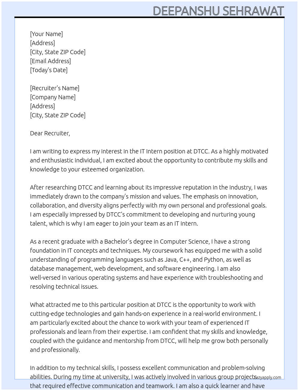 IT intern At DTCC Cover Letter