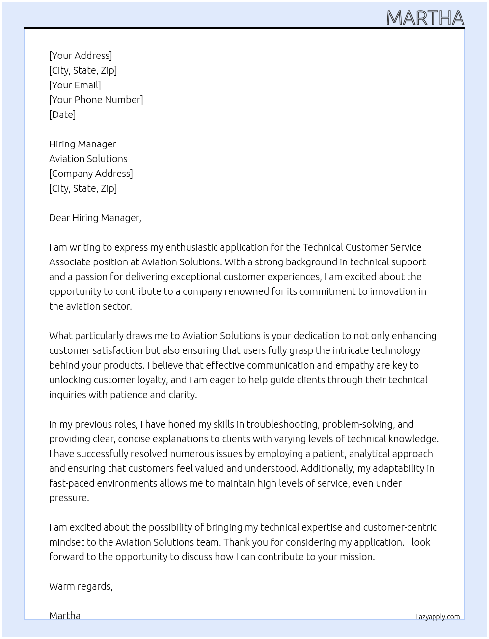 Technical Customer Service Associate At Aviation Solutions Cover Letter