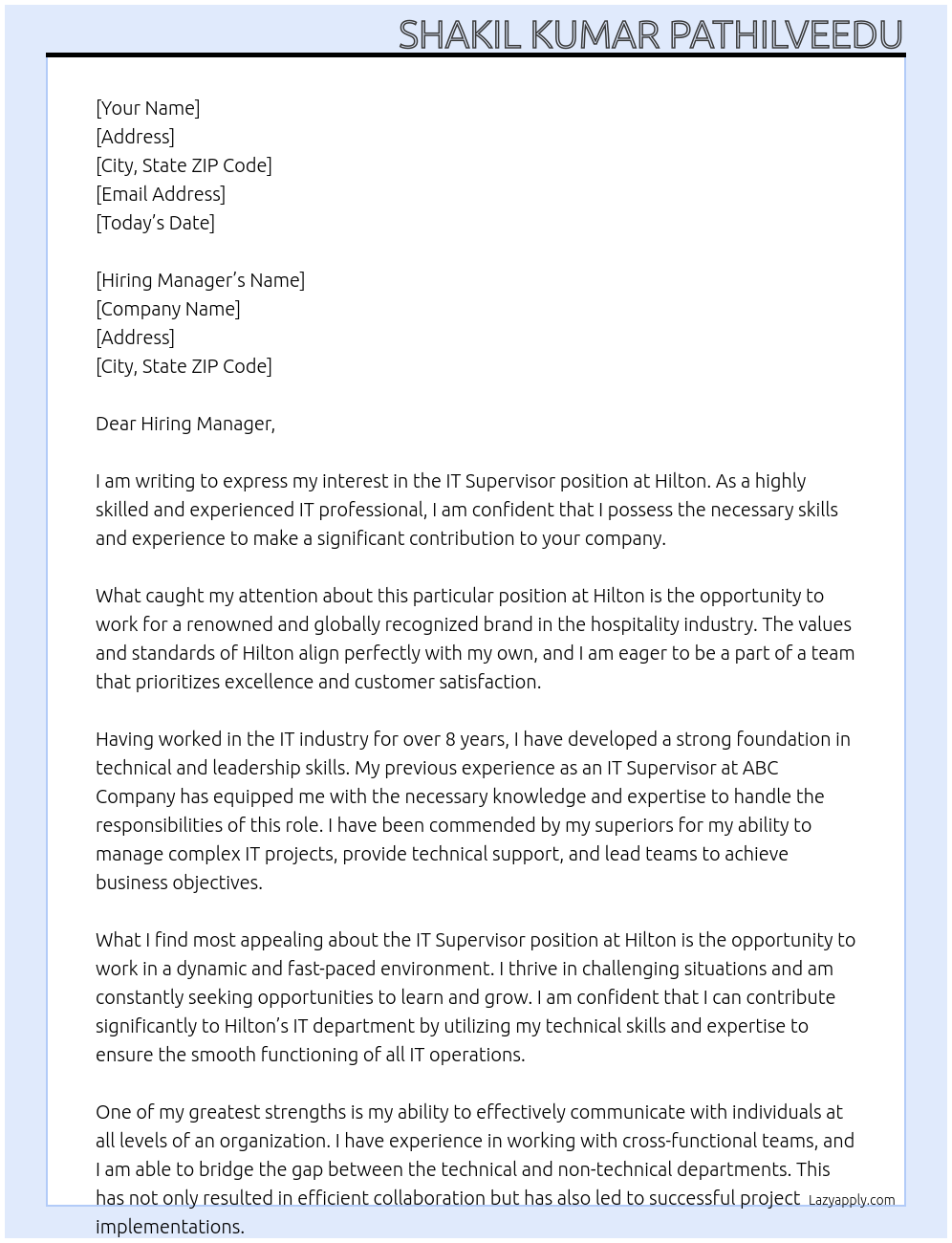 IT Supervisor At Hilton Cover Letter