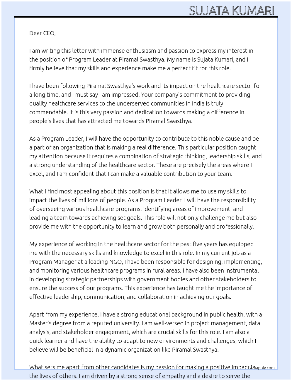 Program leader  At Piramal swasthya  Cover Letter
