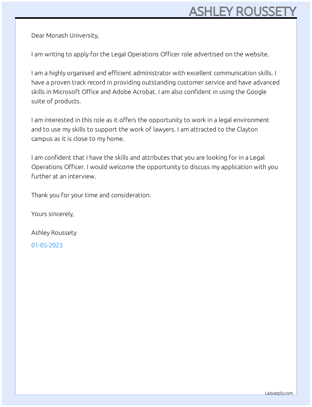 Cover Letter For Legal Operations Officer LazyApply