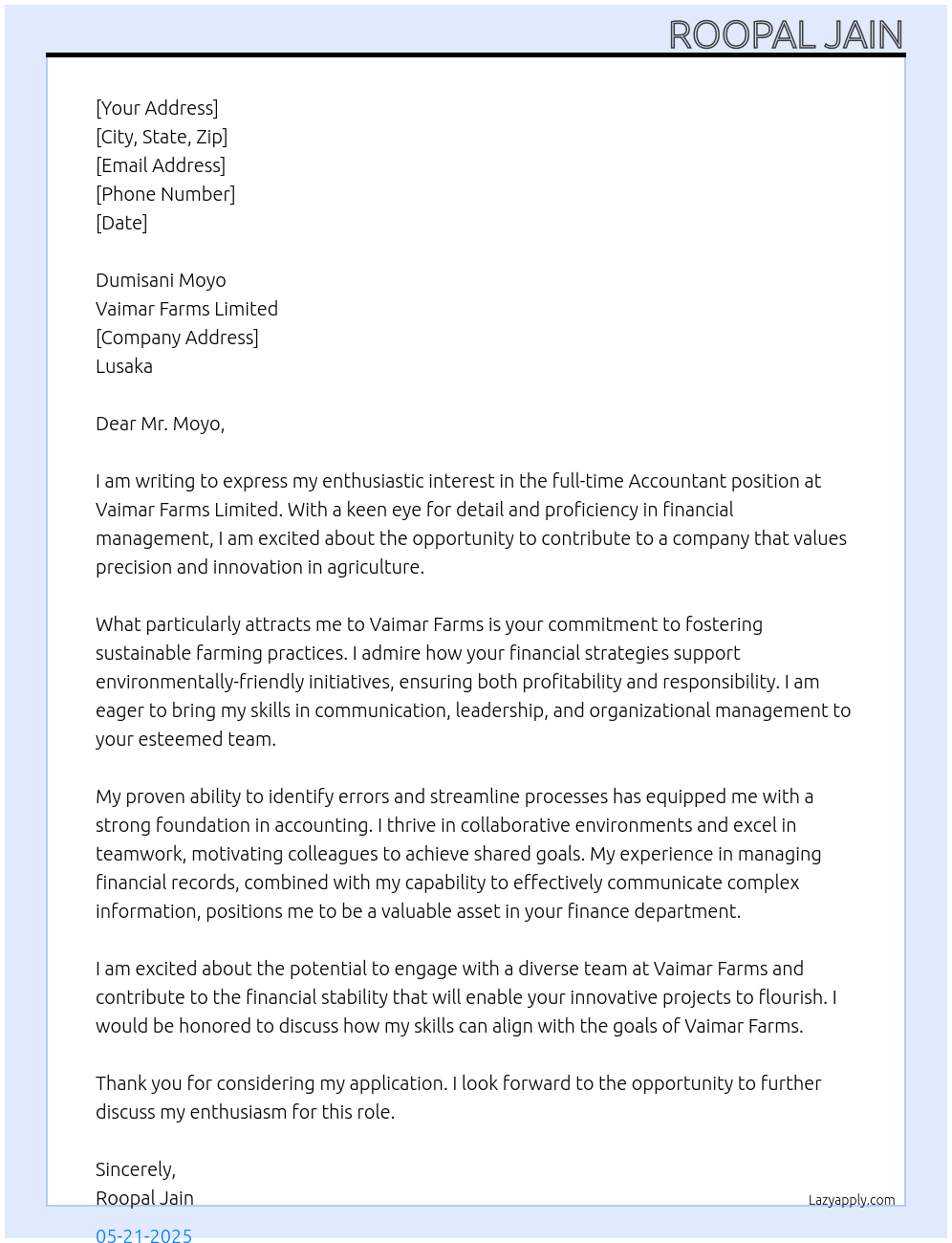 Accountant At Vaimar Farms Limited Cover Letter