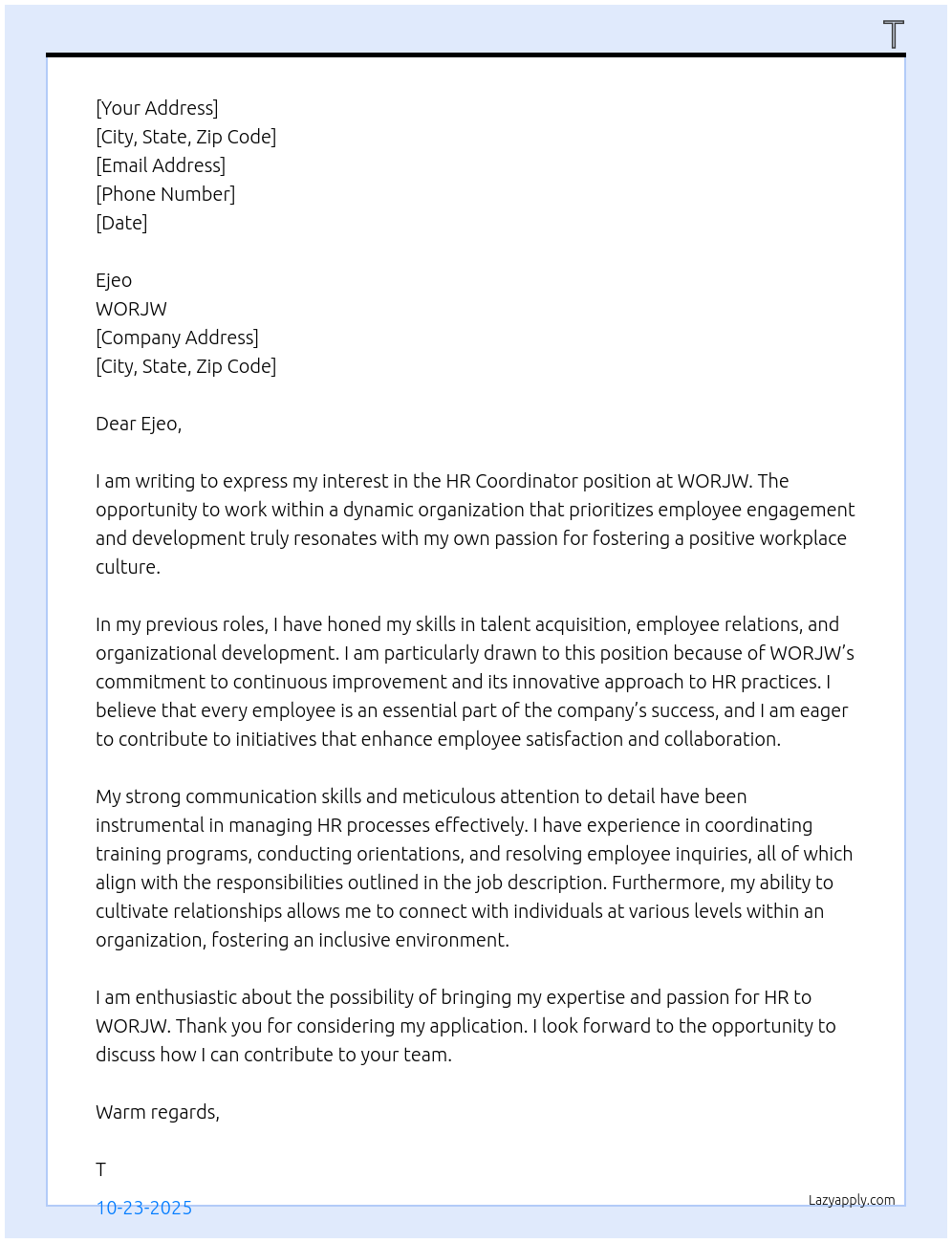 Cover letter for hr coordinator - LazyApply