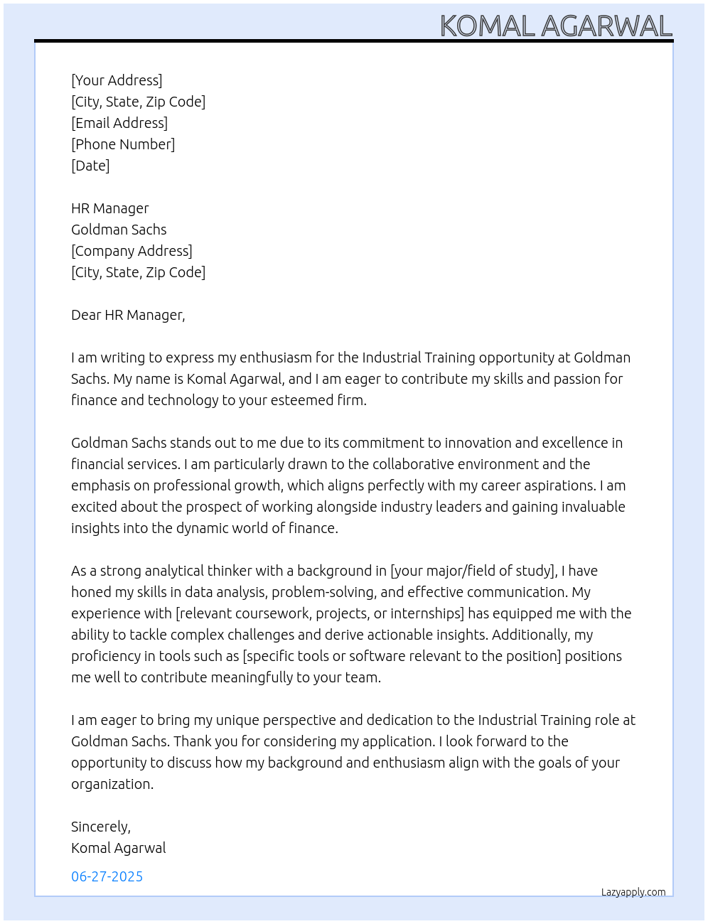 Industrial Training At Goldman Sachs Cover Letter