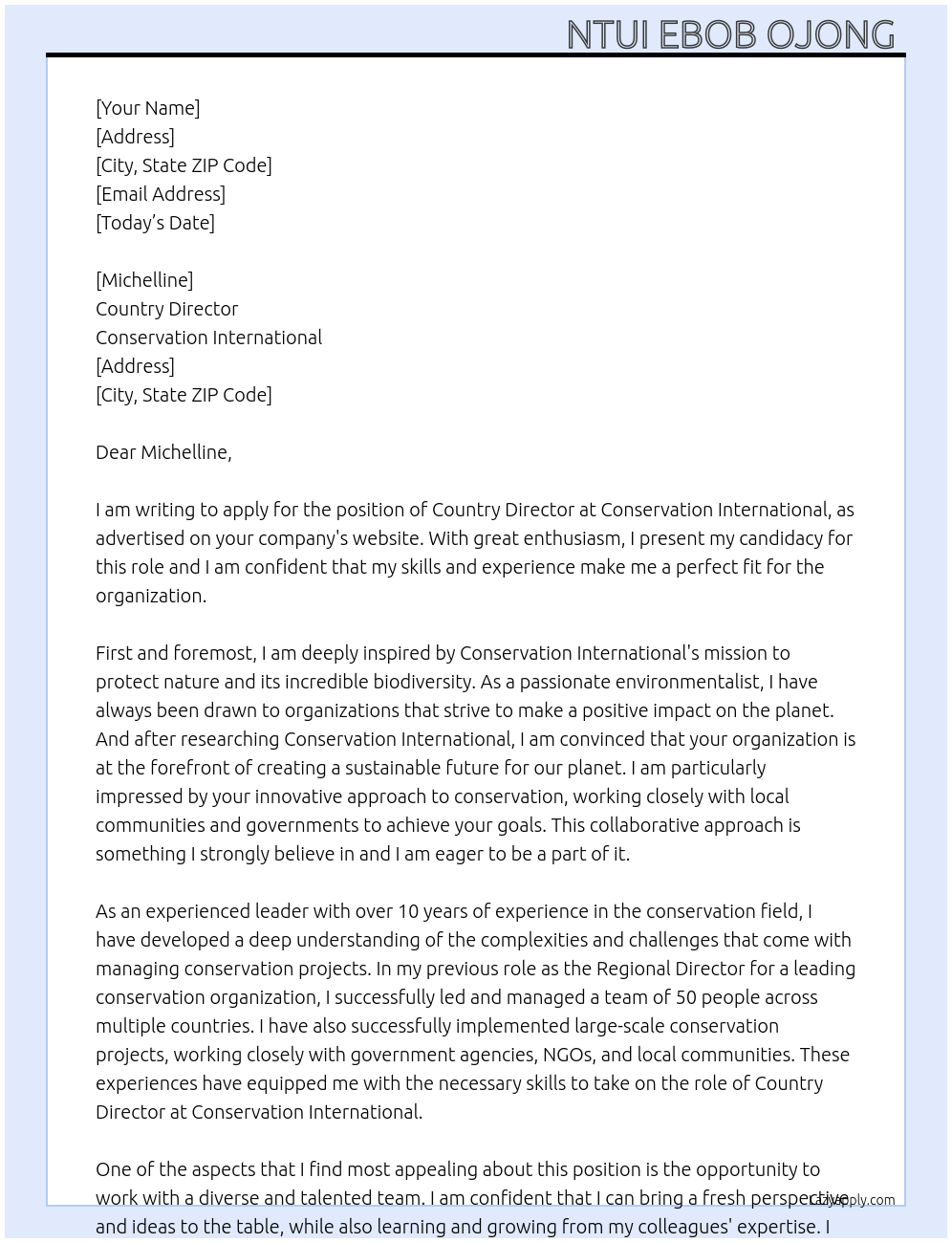 Country Director At Conservation International Cover Letter