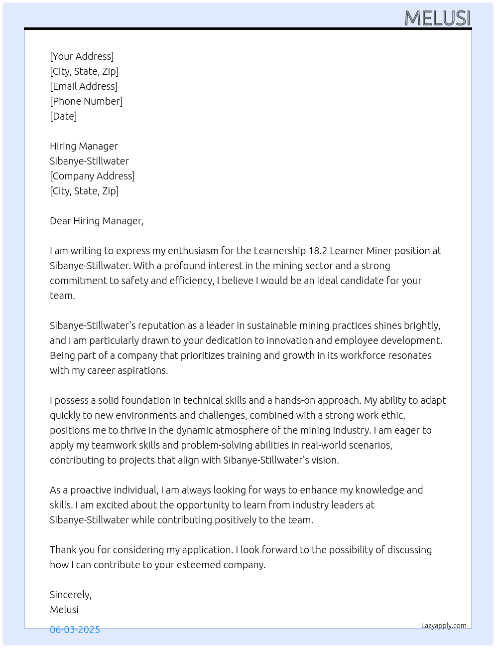 Learnership 18.2 learner miner At Sibanye-stillwater Cover Letter