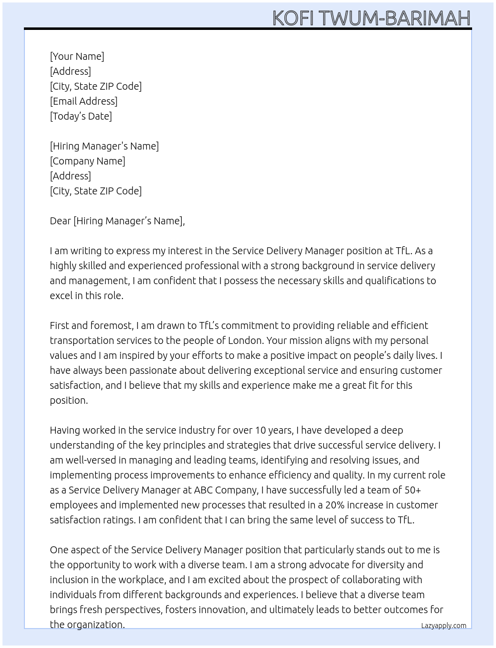  Service Delivery Manager At TfL Cover Letter