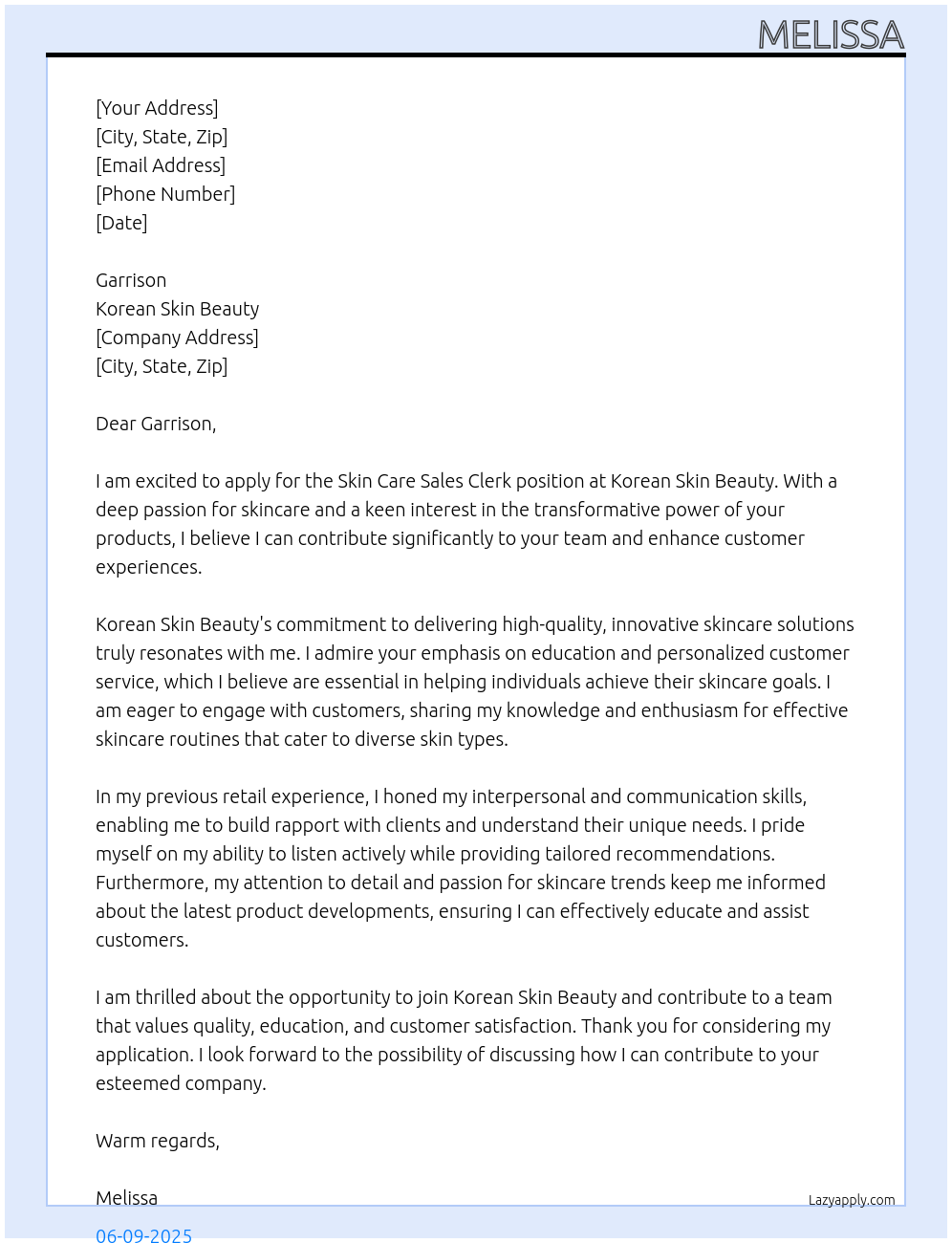 skin care sales clerk At Korean skin beauty Cover Letter