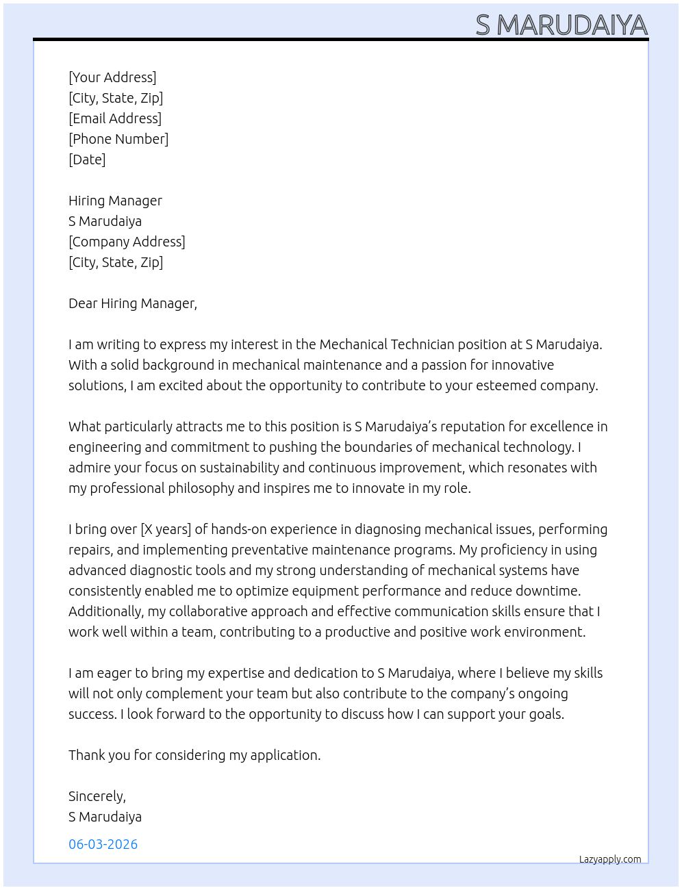 Mechanical technician  At S marudaiya  Cover Letter