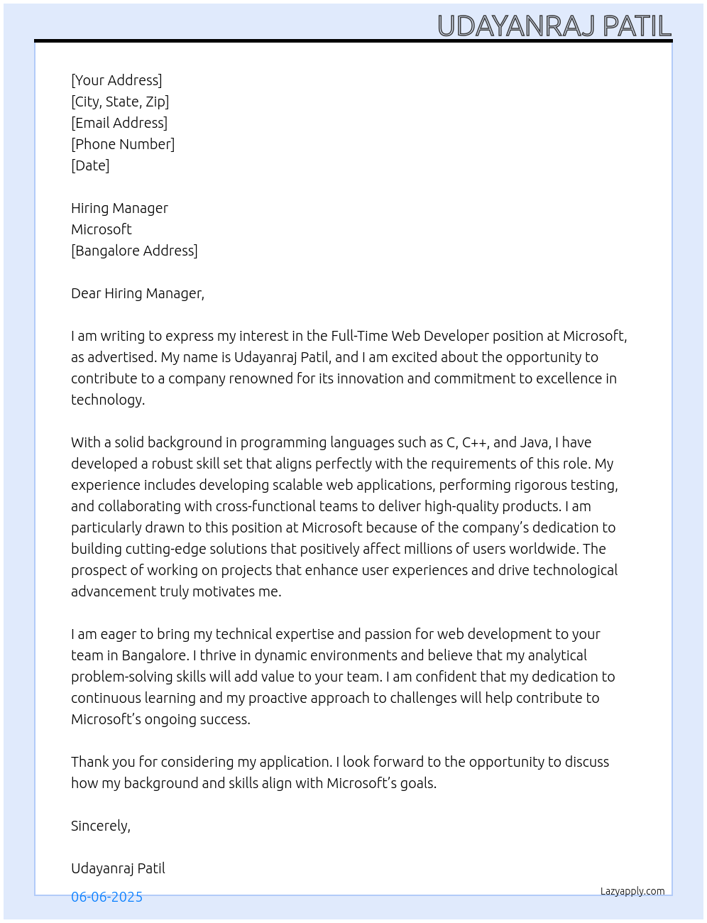 Cover letter for web devloper - LazyApply