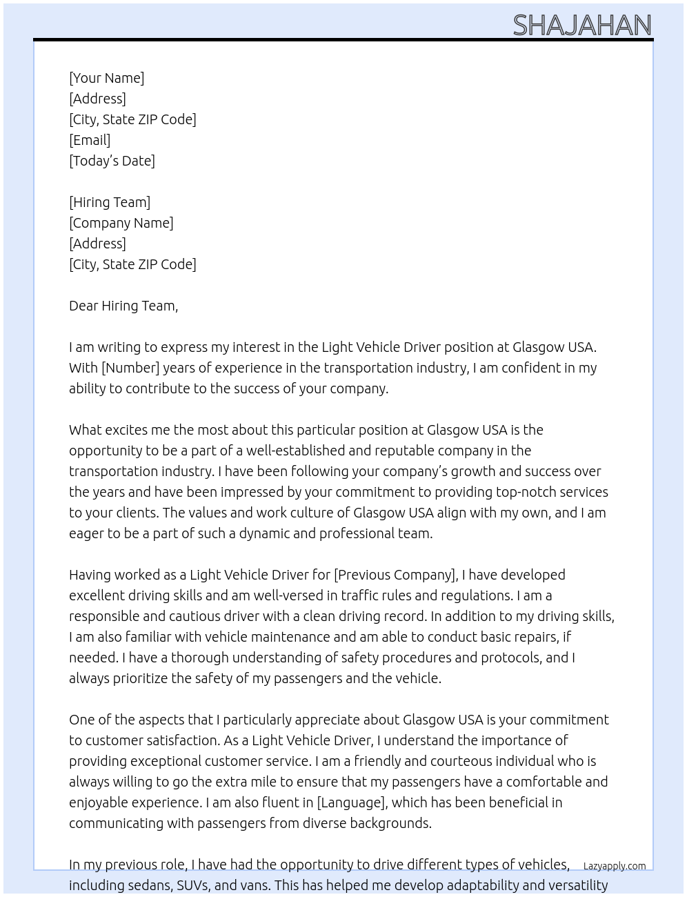 Light Vehicle Driver At Glasgow USA Cover Letter