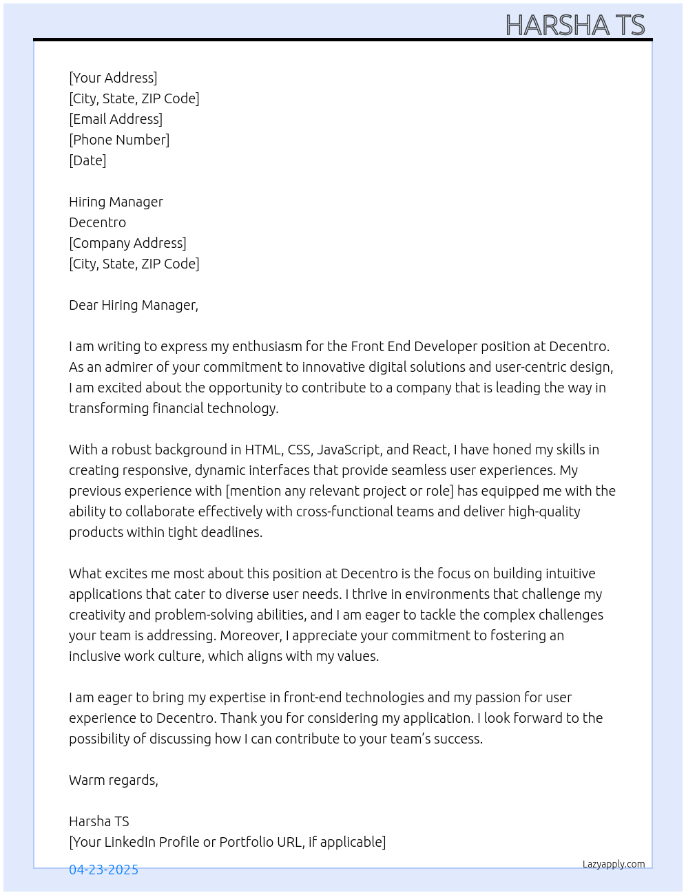 Front End Developer At Decentro Cover Letter