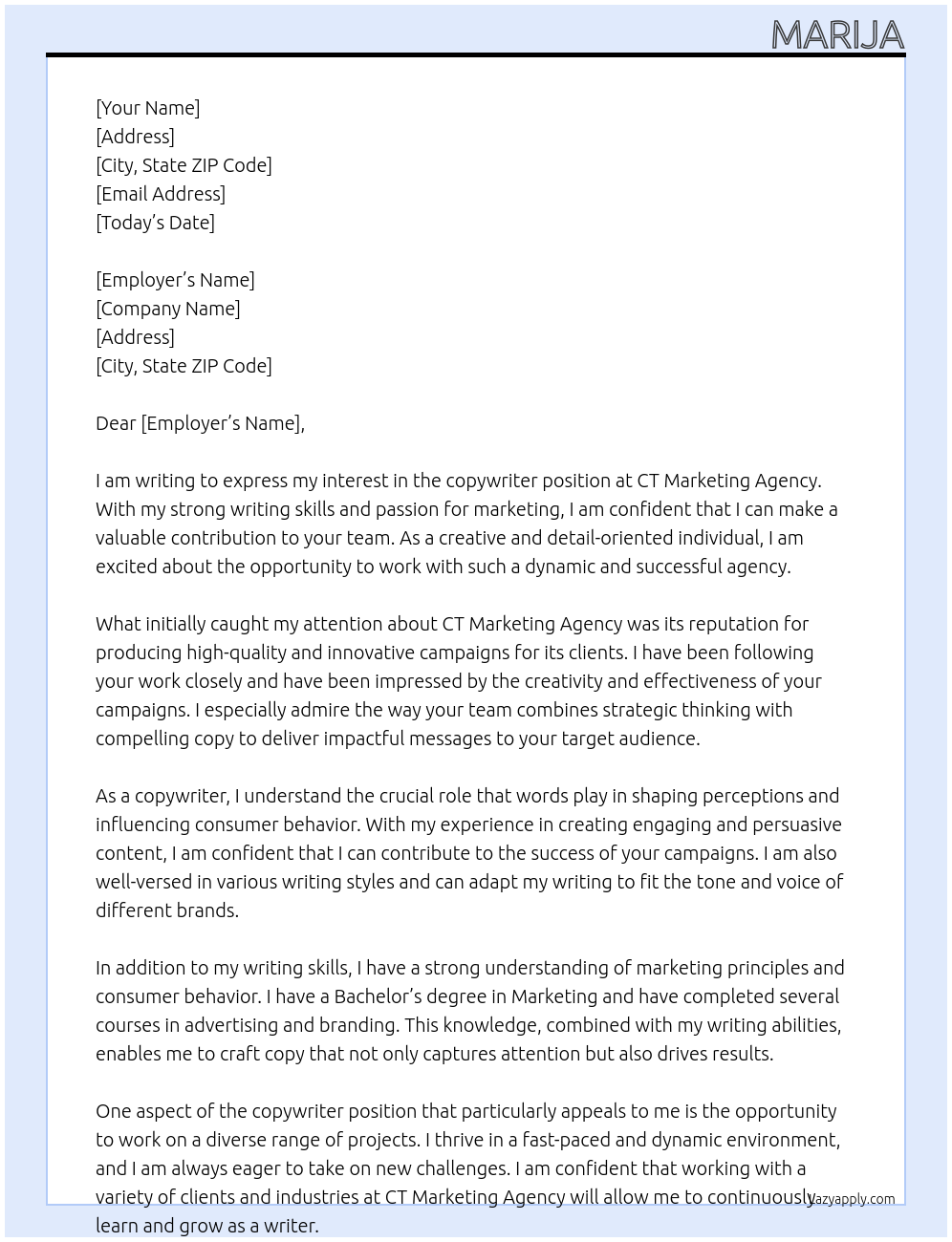 copywriter At CT Marketing agency Cover Letter