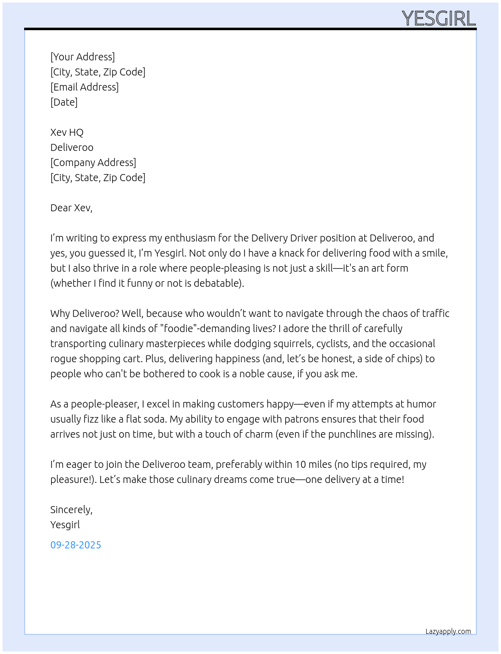 Delivery Driver At Deliveroo Cover Letter