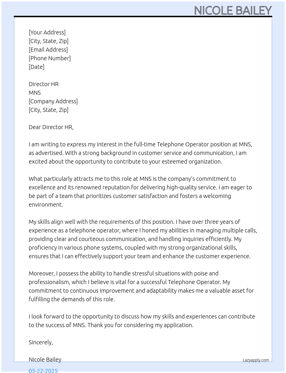 Telephone Operator At MNS Cover Letter