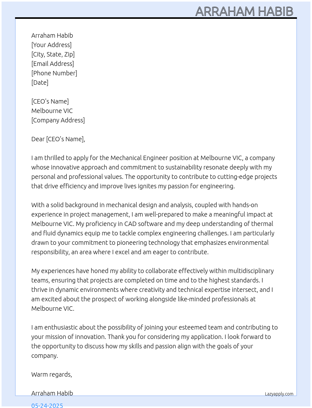 Mechanical Engineer At Melbourne VIC Cover Letter