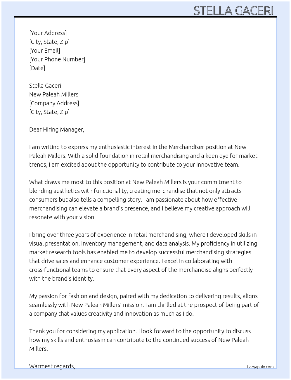 Merchandiser At New Paleah Millers Cover Letter