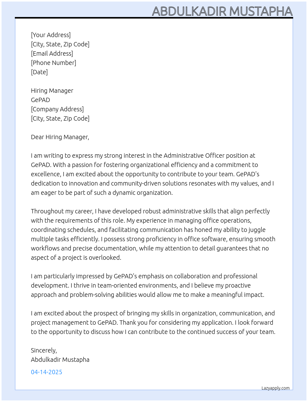 Administrative Officer At GePAD Cover Letter