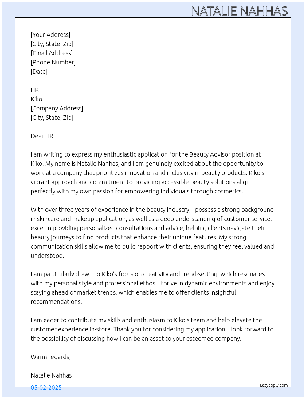 beauty advisor At Kiko Cover Letter