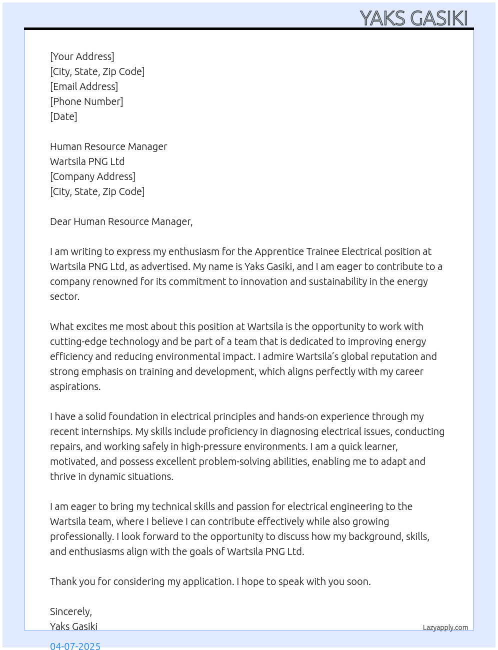 Cover letter for apprentice trainee electrical - LazyApply