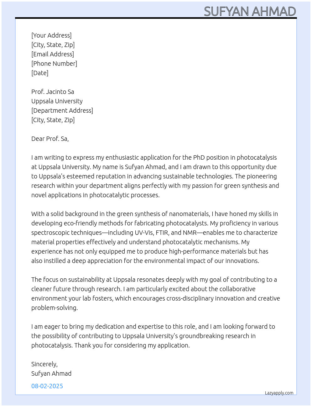 PhD position in photocatalysis At uppsala university Cover Letter