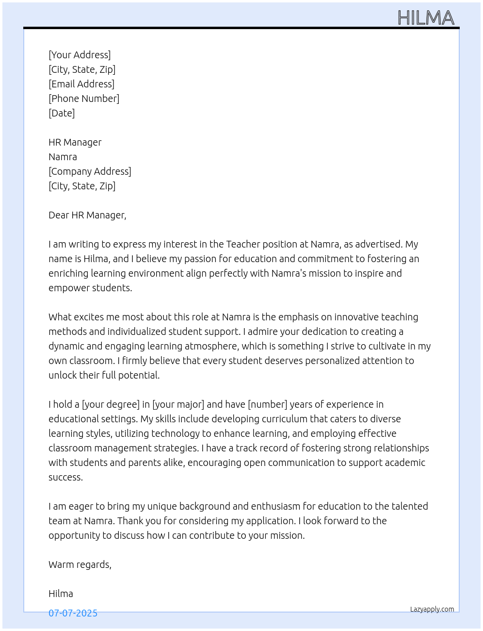Teacher At Namra Cover Letter