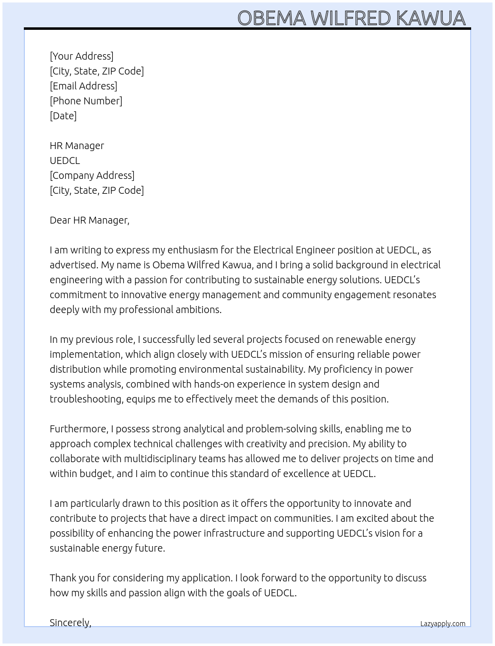 ELECTRICAL ENGINEER At UEDCL Cover Letter