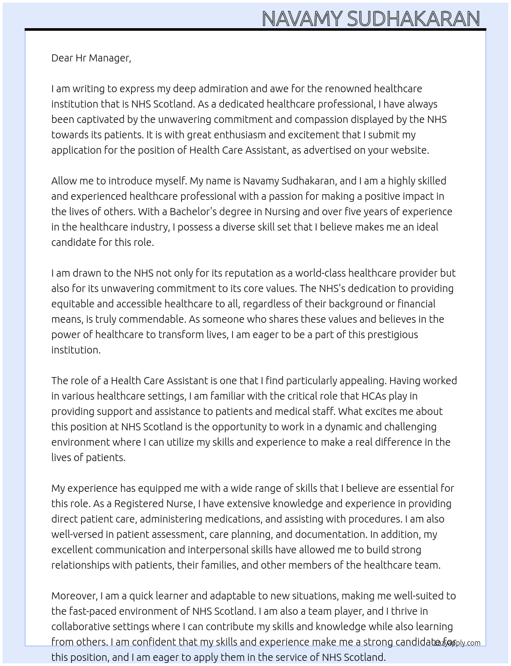 Health care assistant  At NHS Scotland  Cover Letter