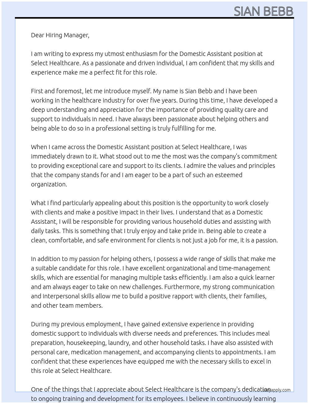 Domestic assistant At Select Healthcare Cover Letter