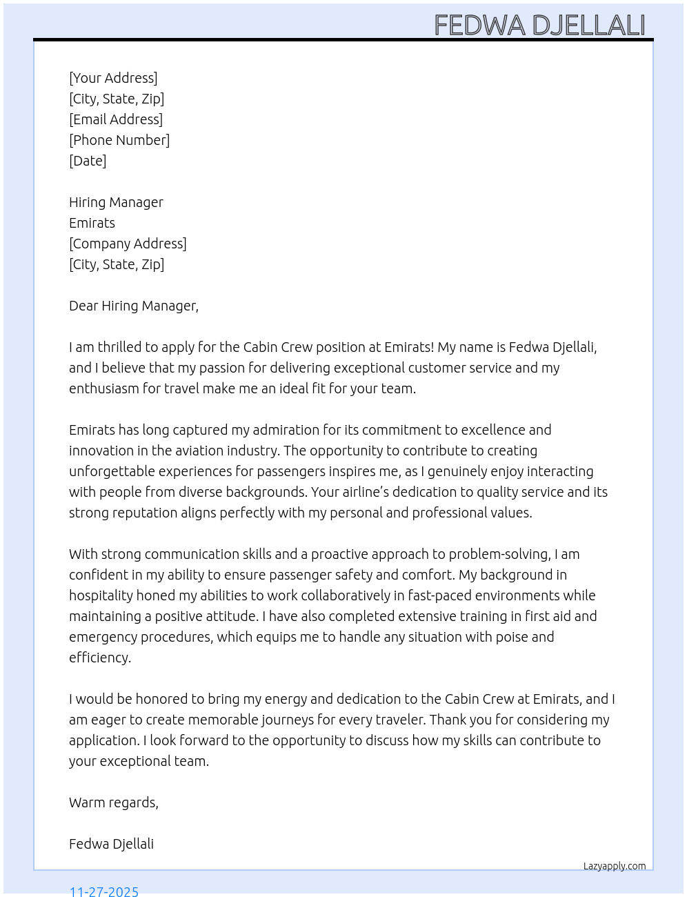 cabin crew At Emirats Cover Letter