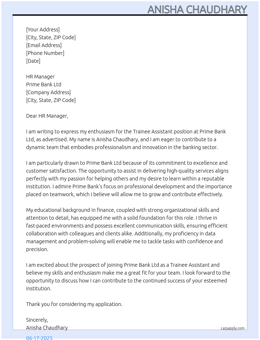 trainee assistant At Prime bank ltd Cover Letter