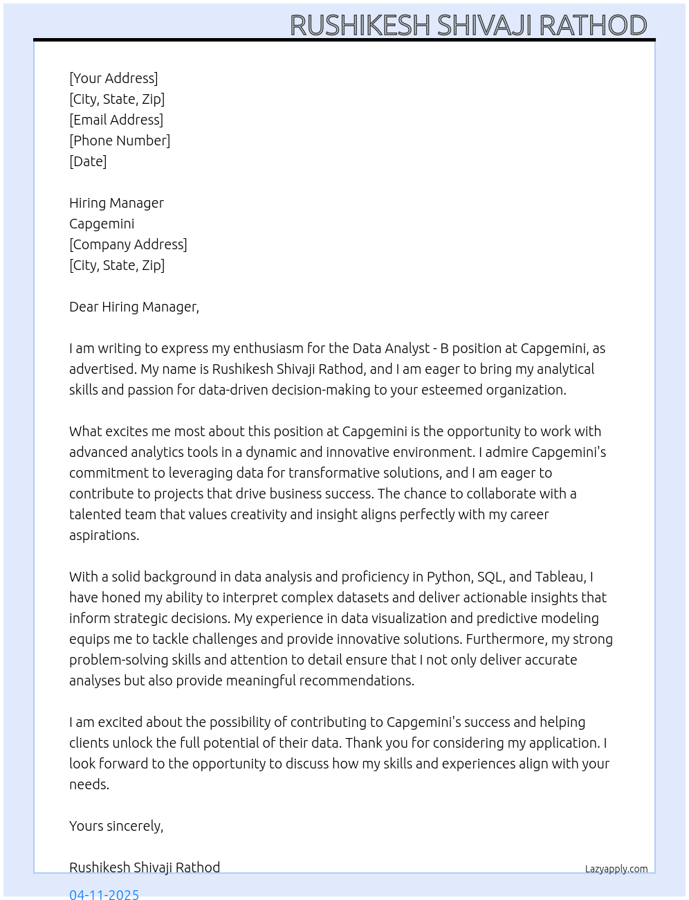 data analyst -B  At capgemini Cover Letter