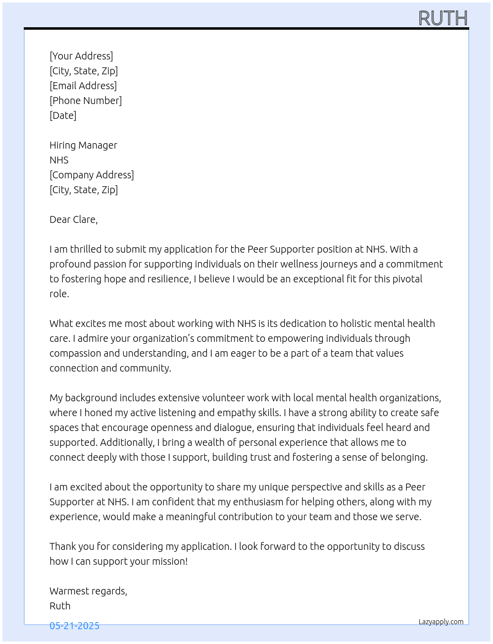 Peer Supporter At NHS Cover Letter