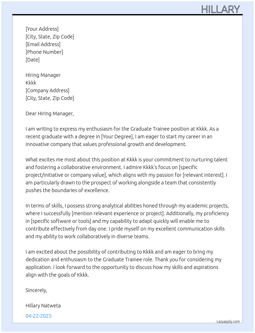 Graduate Trainee At Kkkk Cover Letter