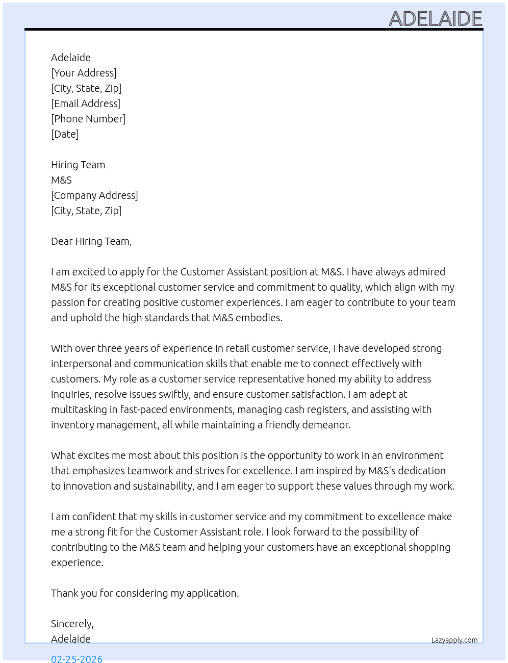 Customer assistsnat  At m&s Cover Letter
