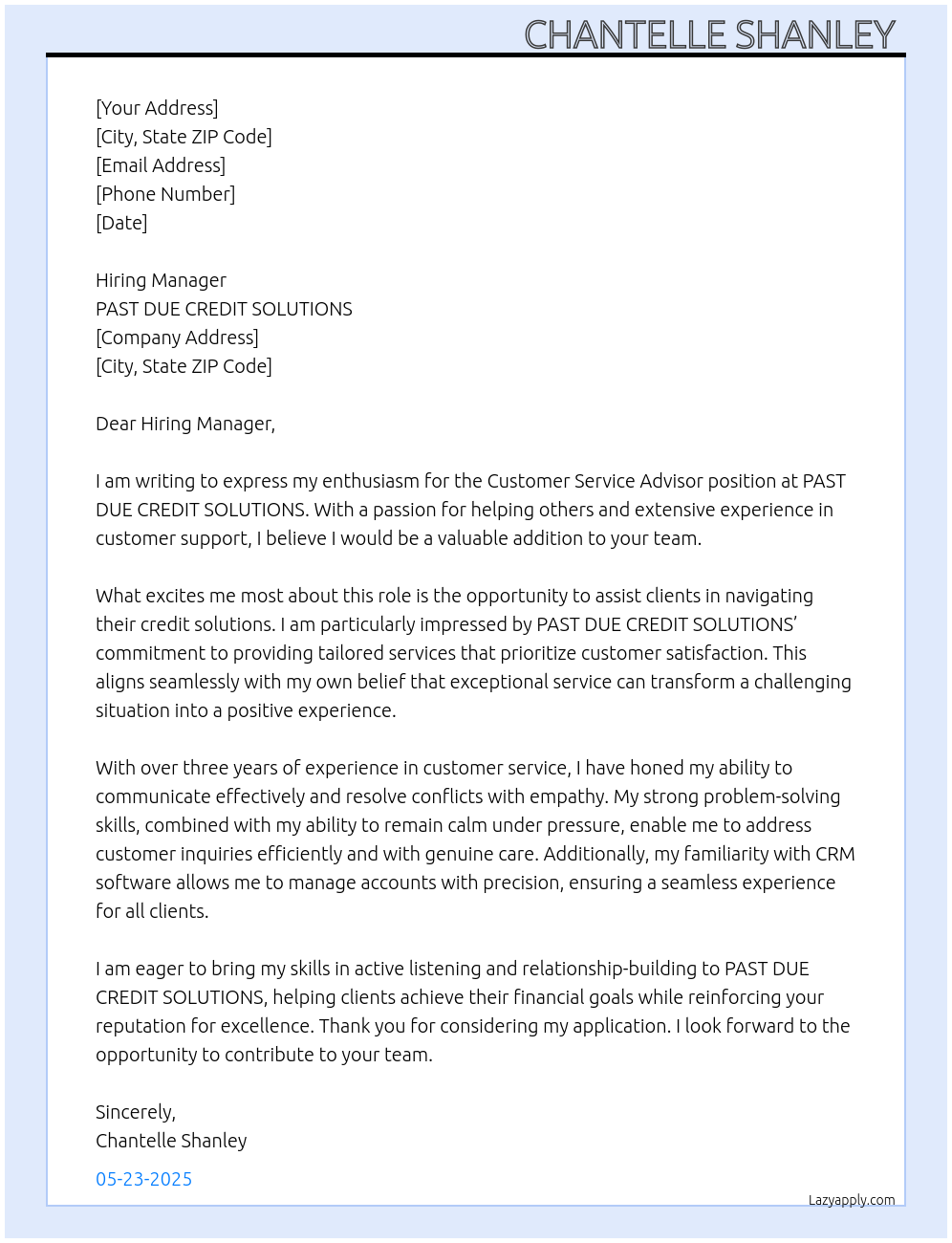 Customer Service Advisor At PAST DUE CREDIT SOLUTIONS Cover Letter