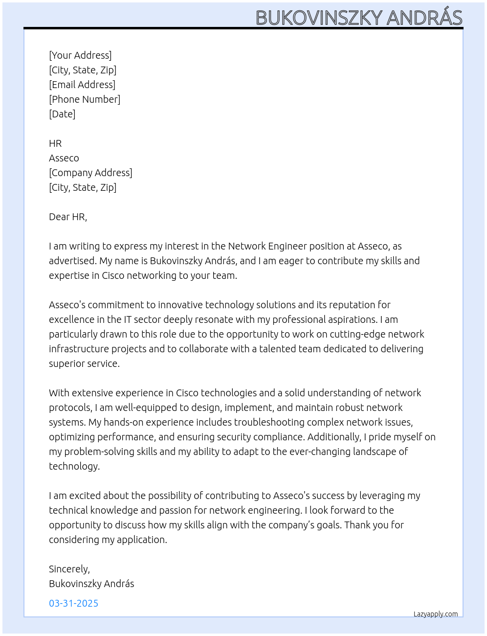 Network Engineer At Asseco Cover Letter