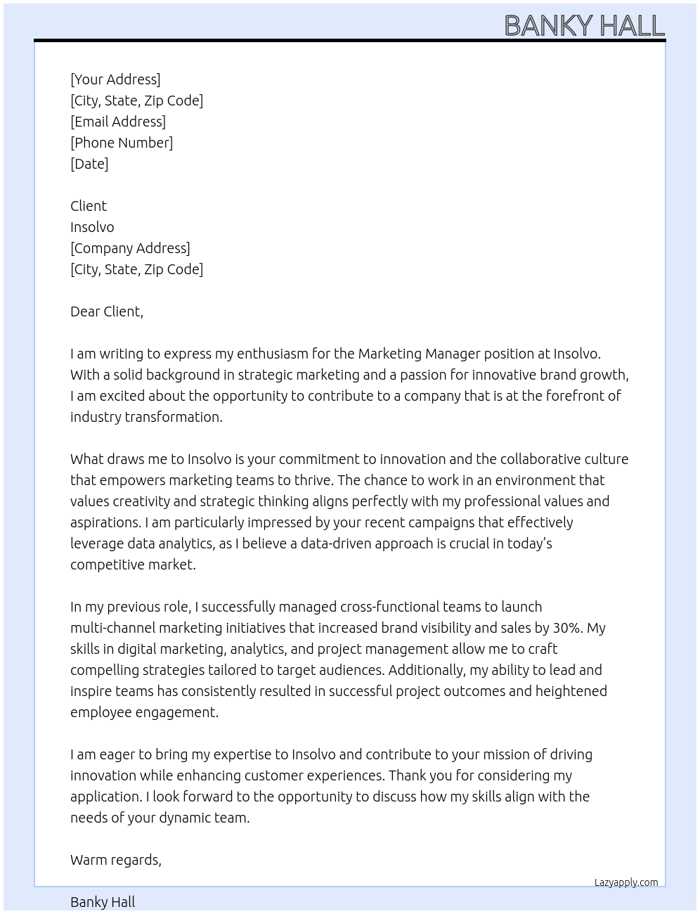 Marketing Manager At Insolvo Cover Letter