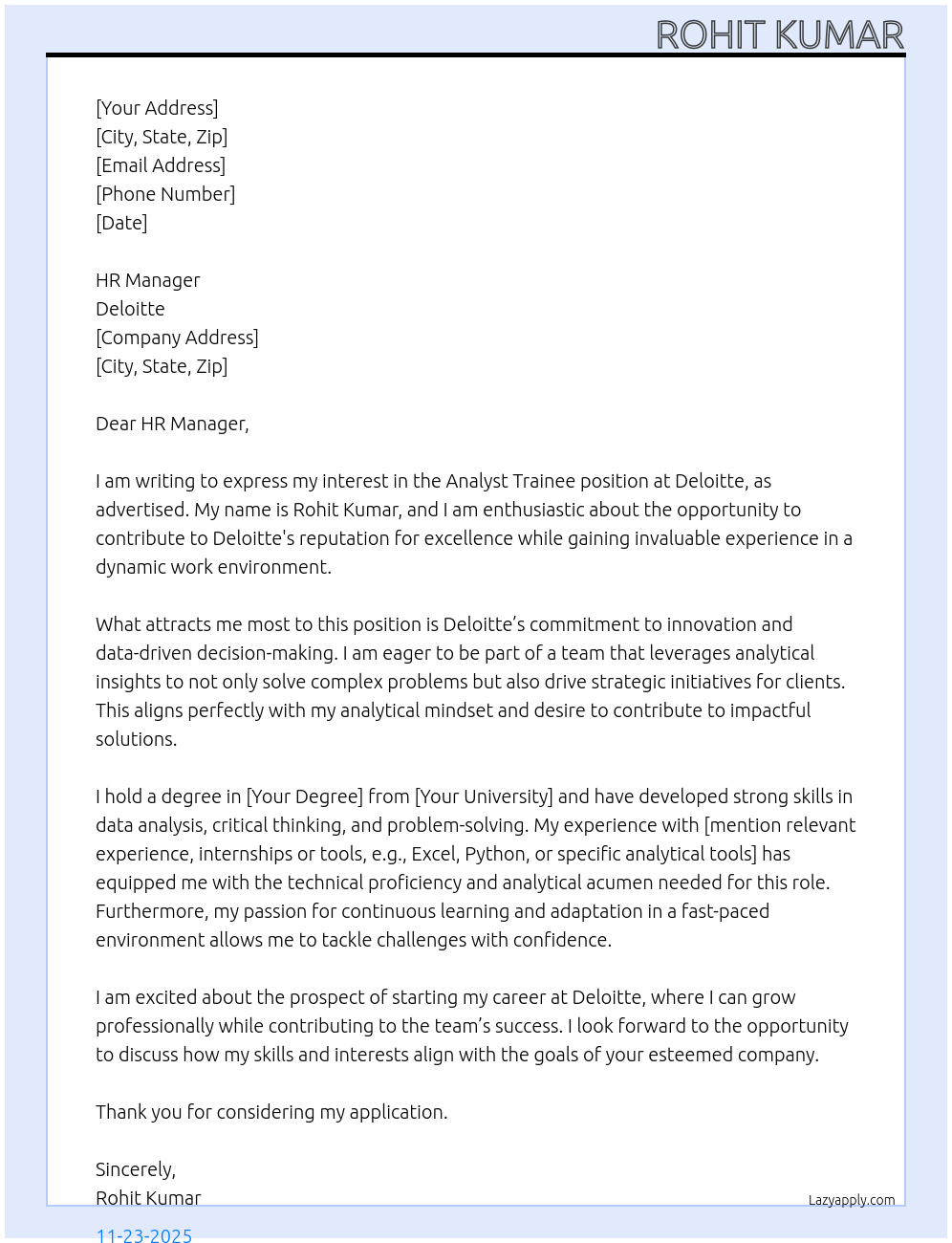 Analyst Trainee At Deloitte Cover Letter