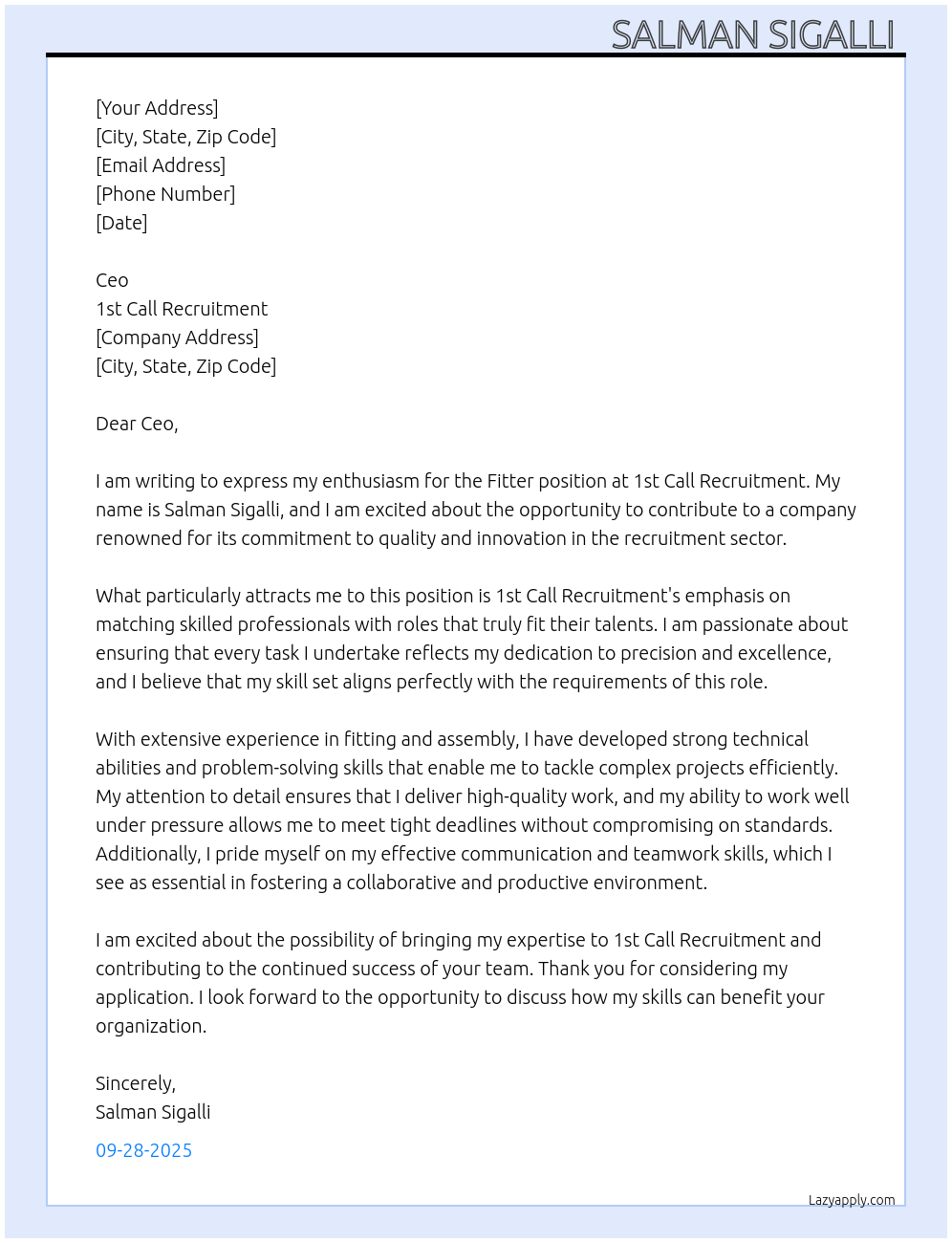 Fitter At 1st Call Recruitment Cover Letter