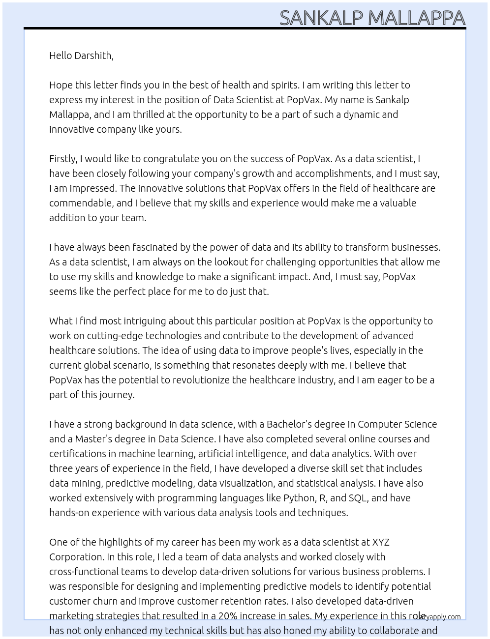 Data Scientist At PopVax Cover Letter