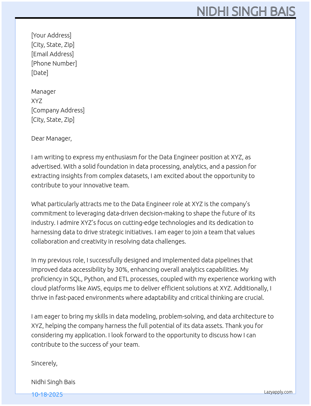 Data Engineer At XYZ Cover Letter