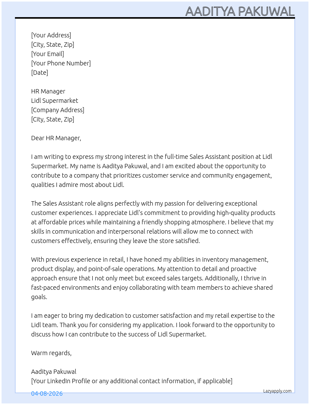 Sales Assistant At Lidl Supermarket Cover Letter
