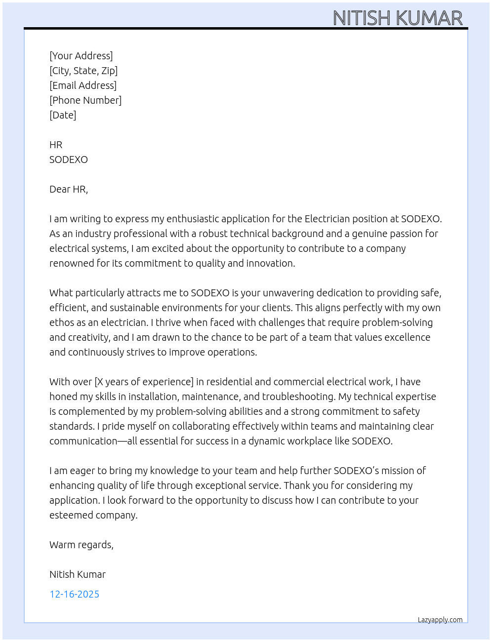 Electrician  At SODEXO  Cover Letter