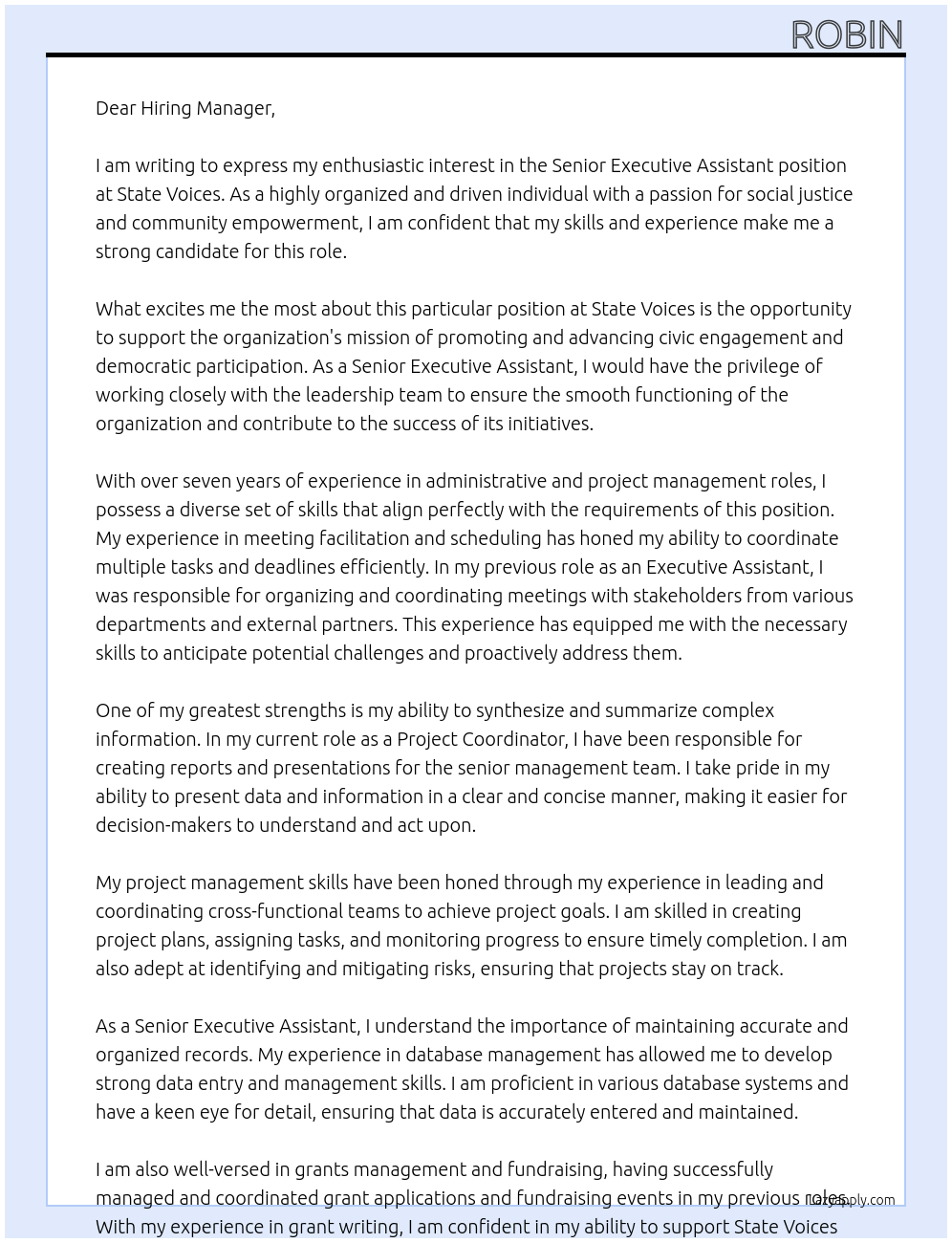 Cover letter for senior executive assistant - LazyApply