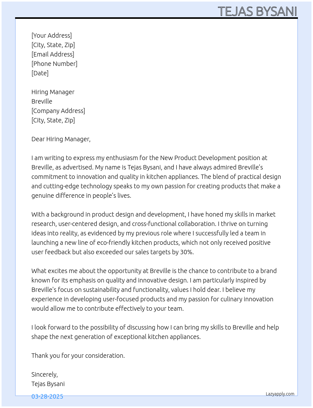 New Product Development  At Breville Cover Letter