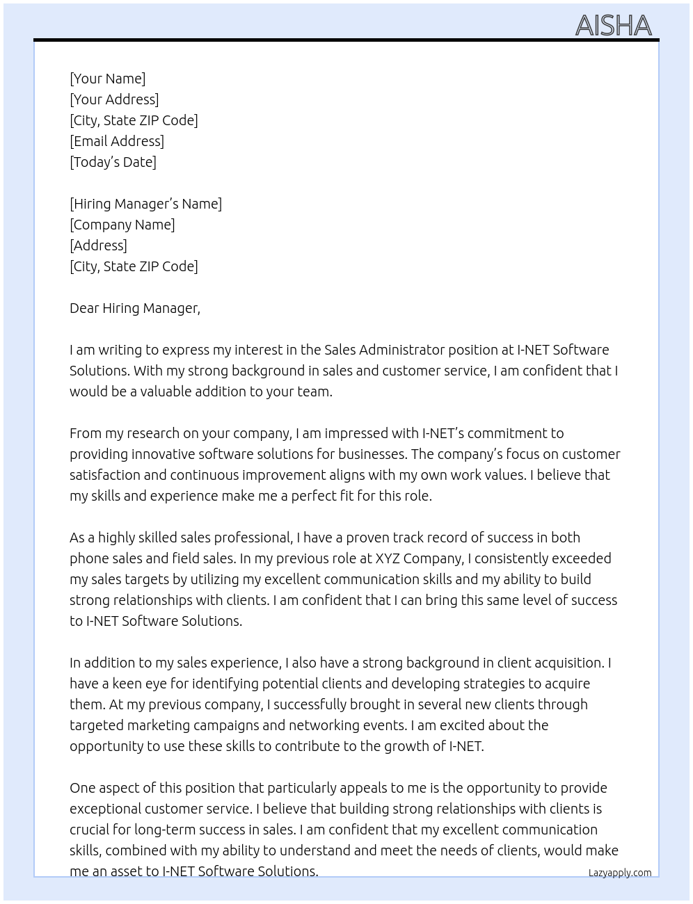 Sales Administrator At I-NET Software Solutions Cover Letter